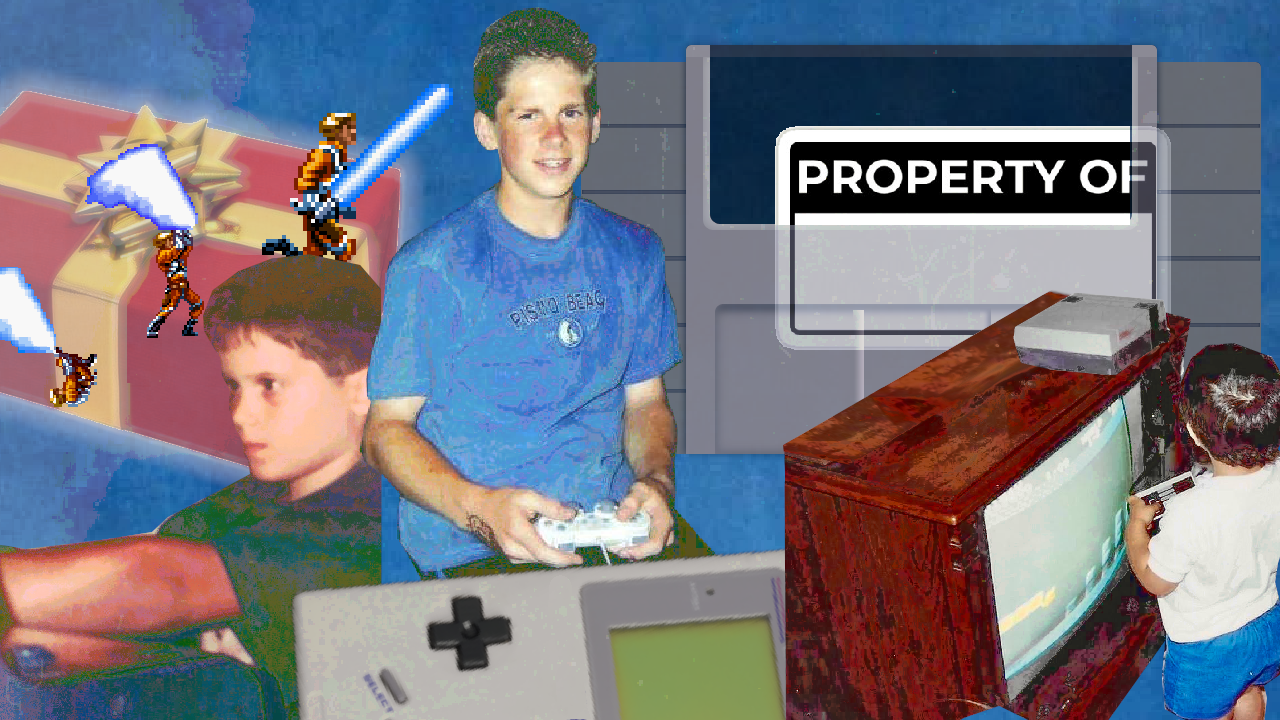 Collage of different Super Trashed hosts playing games as kids and early gaming ephemera.