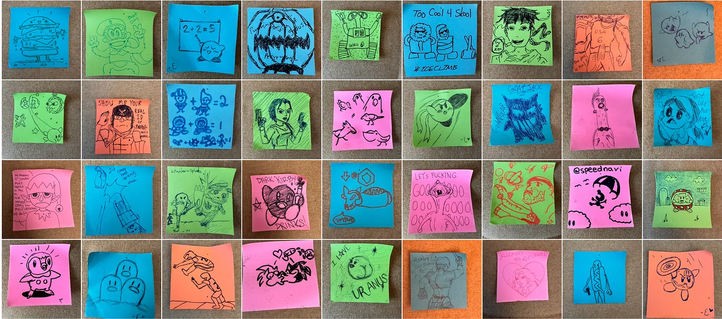 Sticky notes featuring various video game inspired art in doodle form