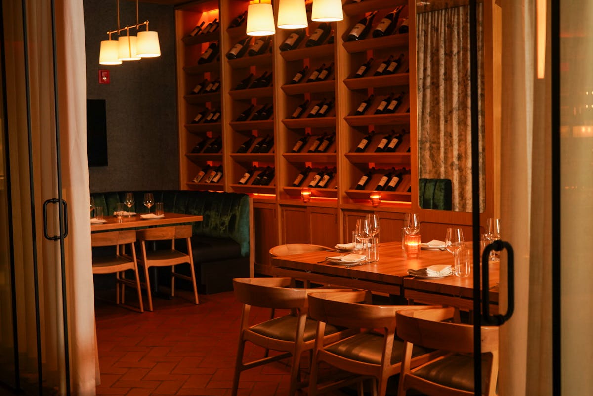 a room with tables and chairs