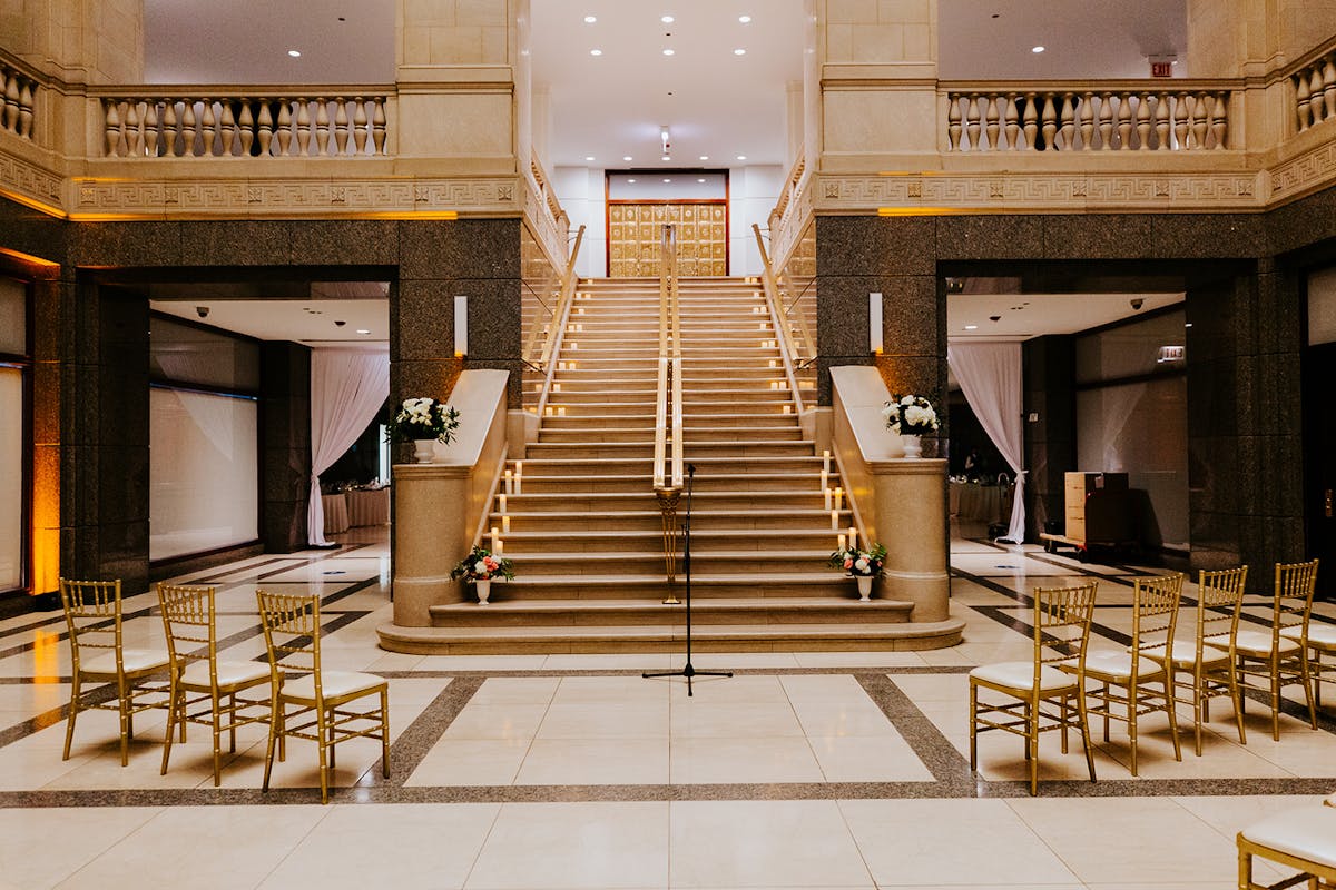 a chair sitting in front of a building