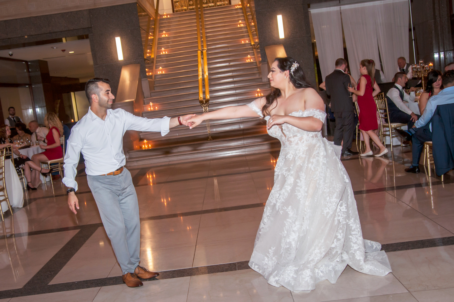 a group of people standing in a room