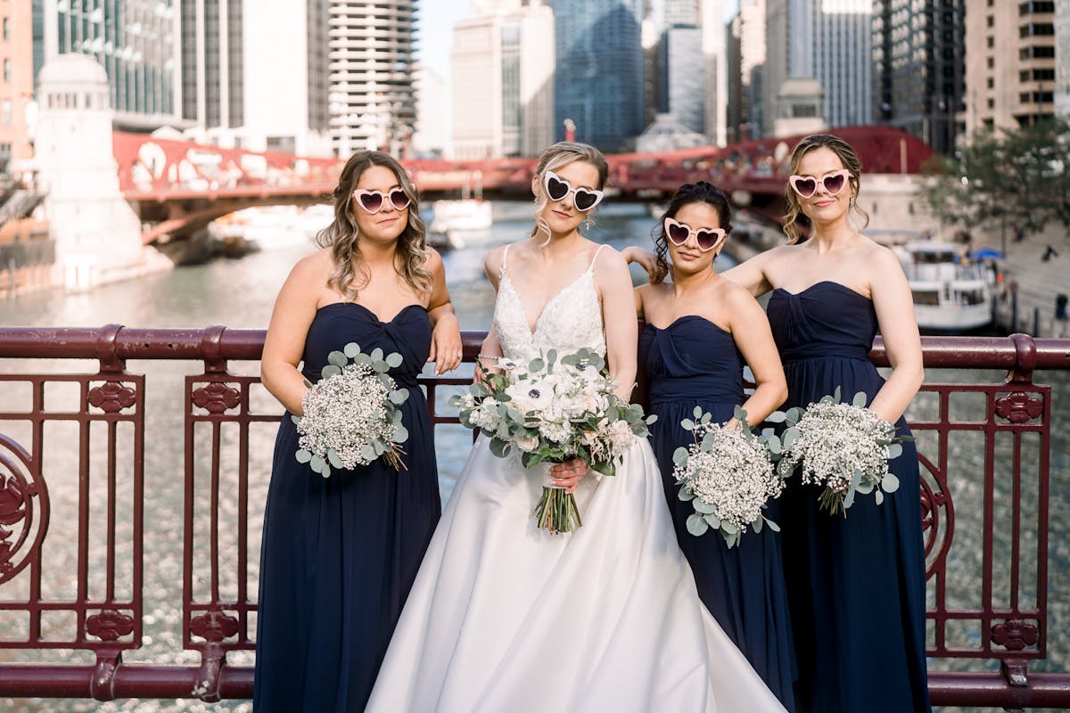 Braidsmaid wedding shot downtown Chicago bridge