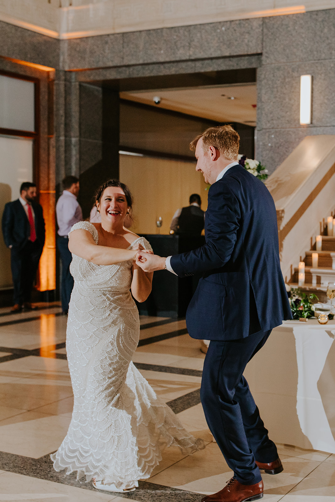 a man and a woman in a wedding dress