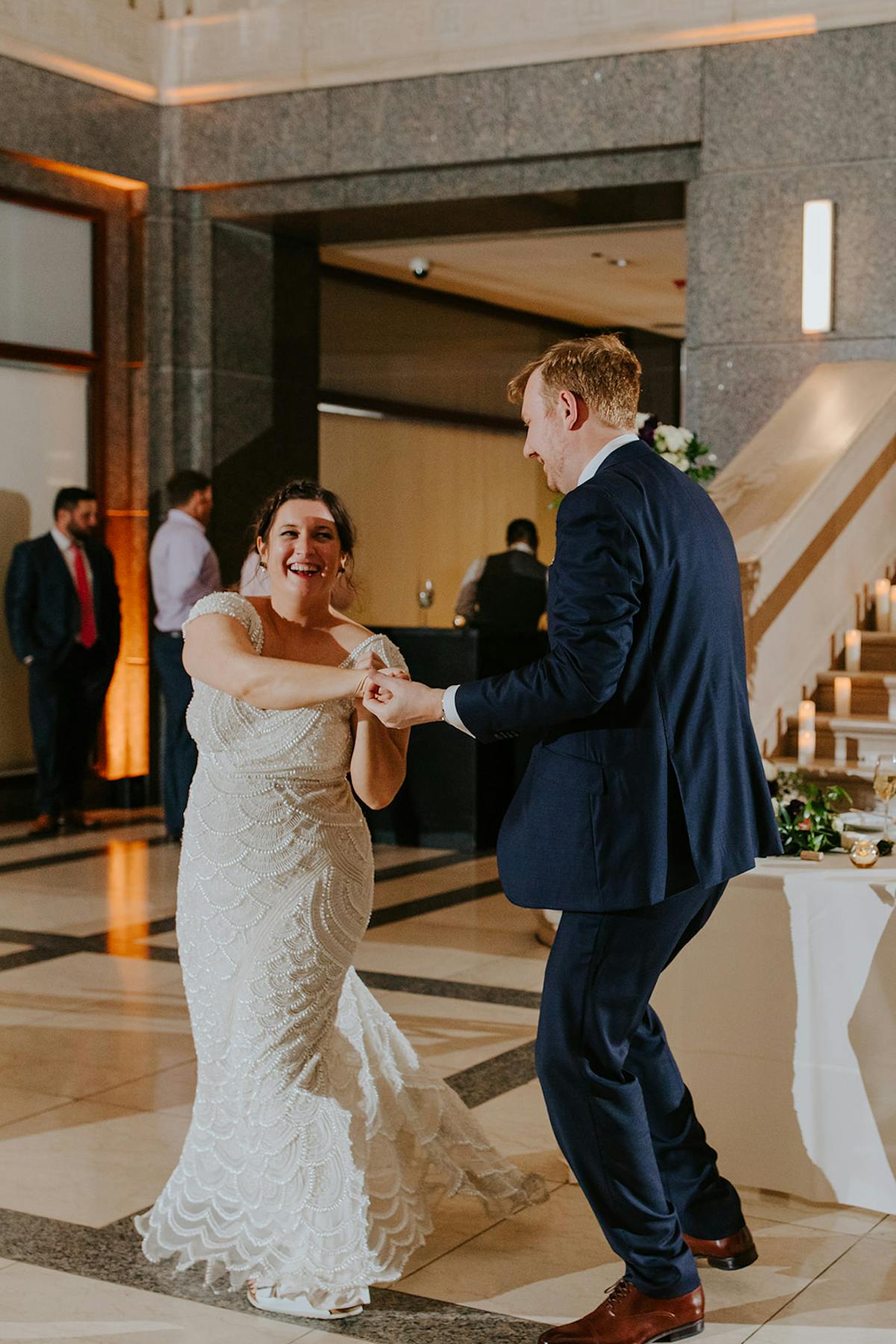 a man and a woman in a wedding dress