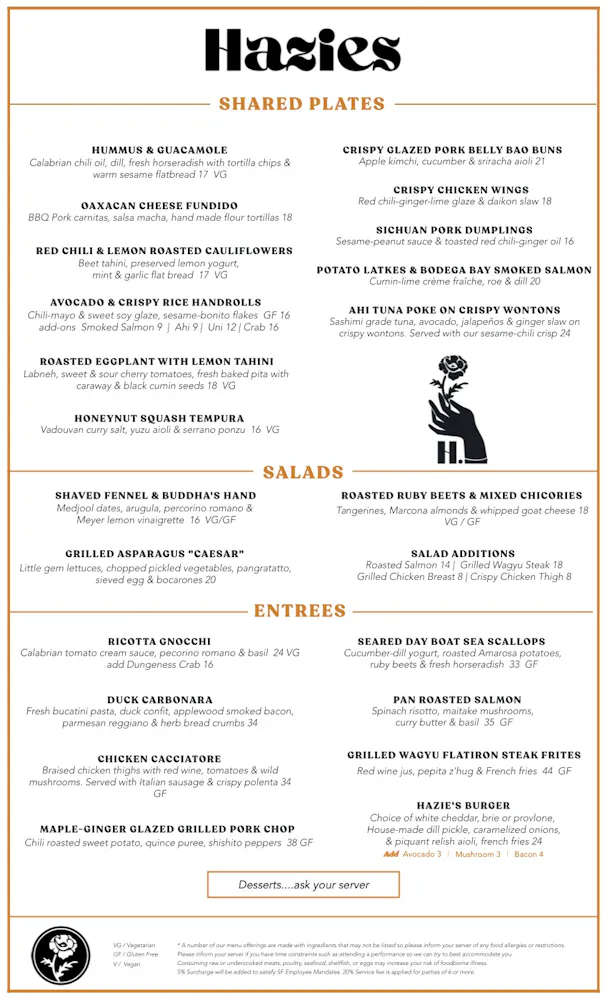 Faizee Menu Hazie's | American Restaurant in San Francisco, CA