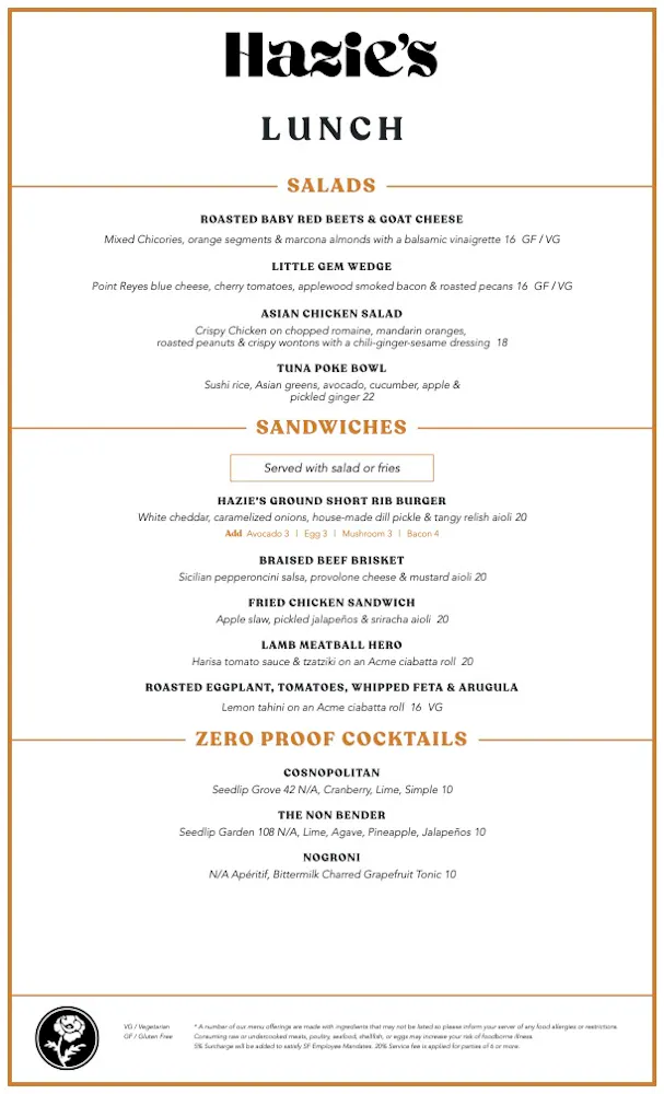 Faizee Menu Hazie's | American Restaurant in San Francisco, CA