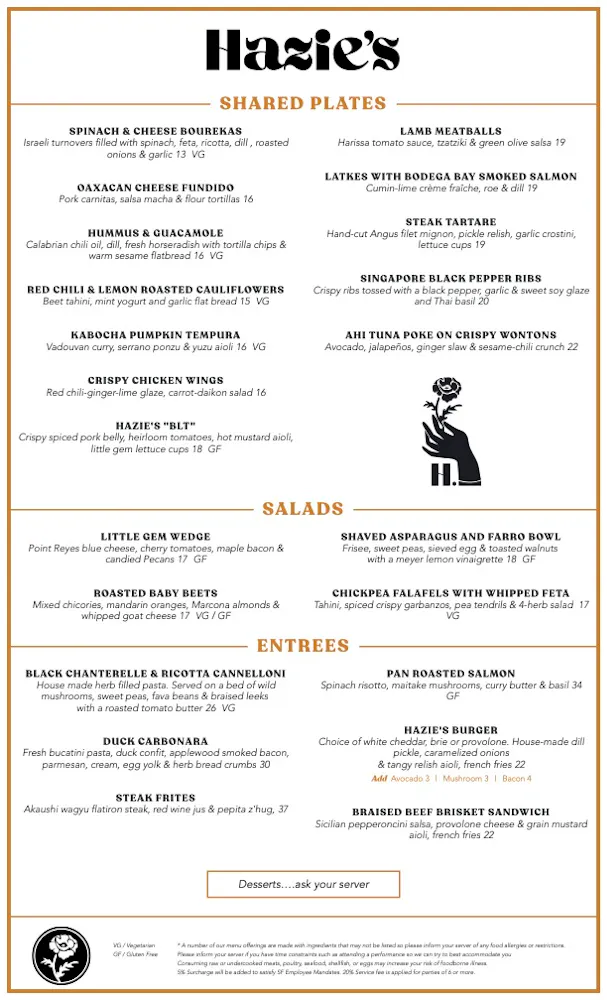 Faizee Menu Hazie's | American Restaurant in San Francisco, CA