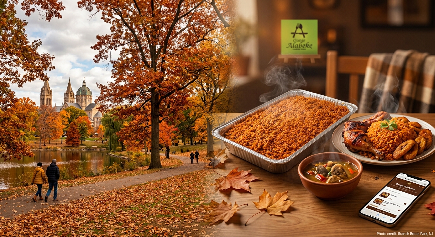Autumn at Branch Brook Park paired with Ounje Alabeke catering tray.