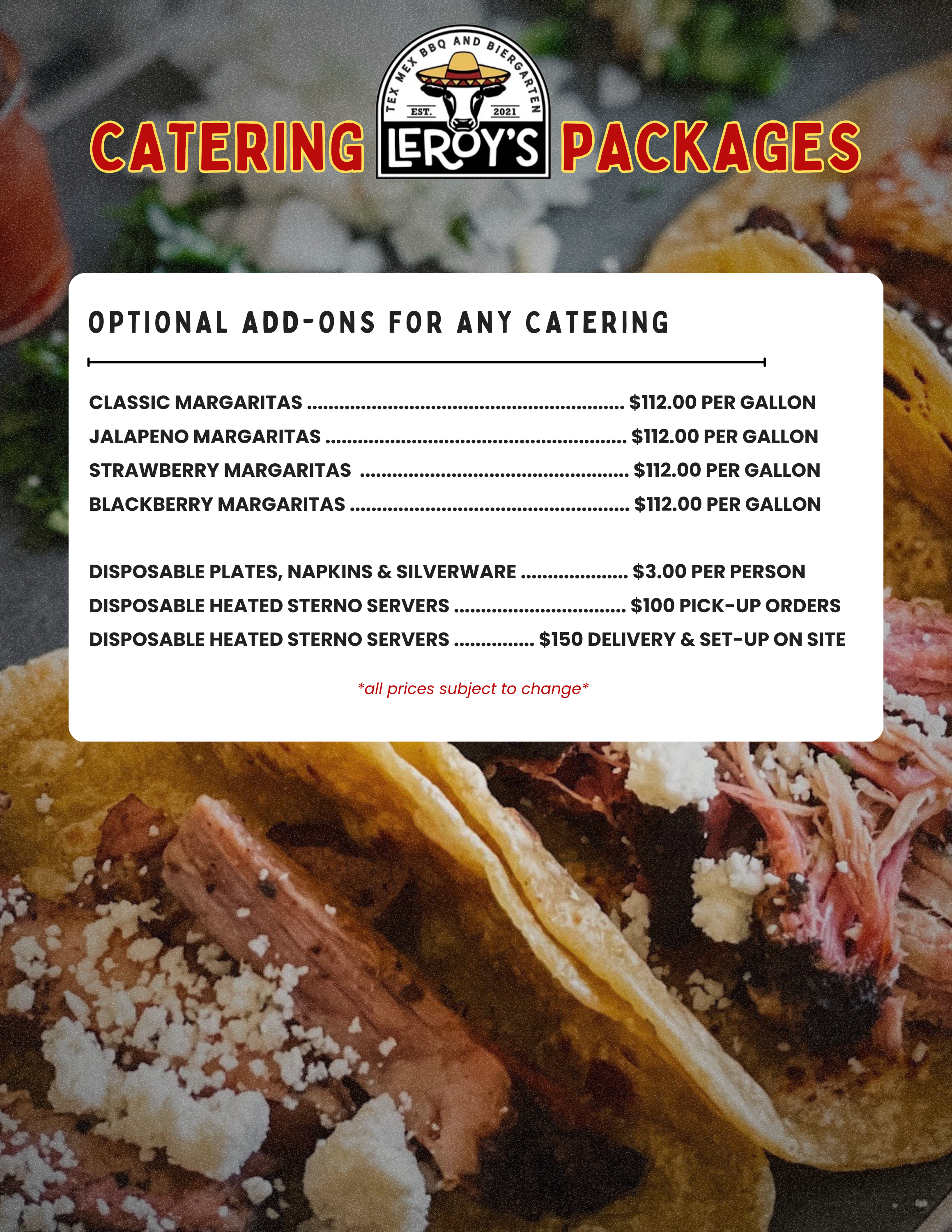 a menu for a catering company