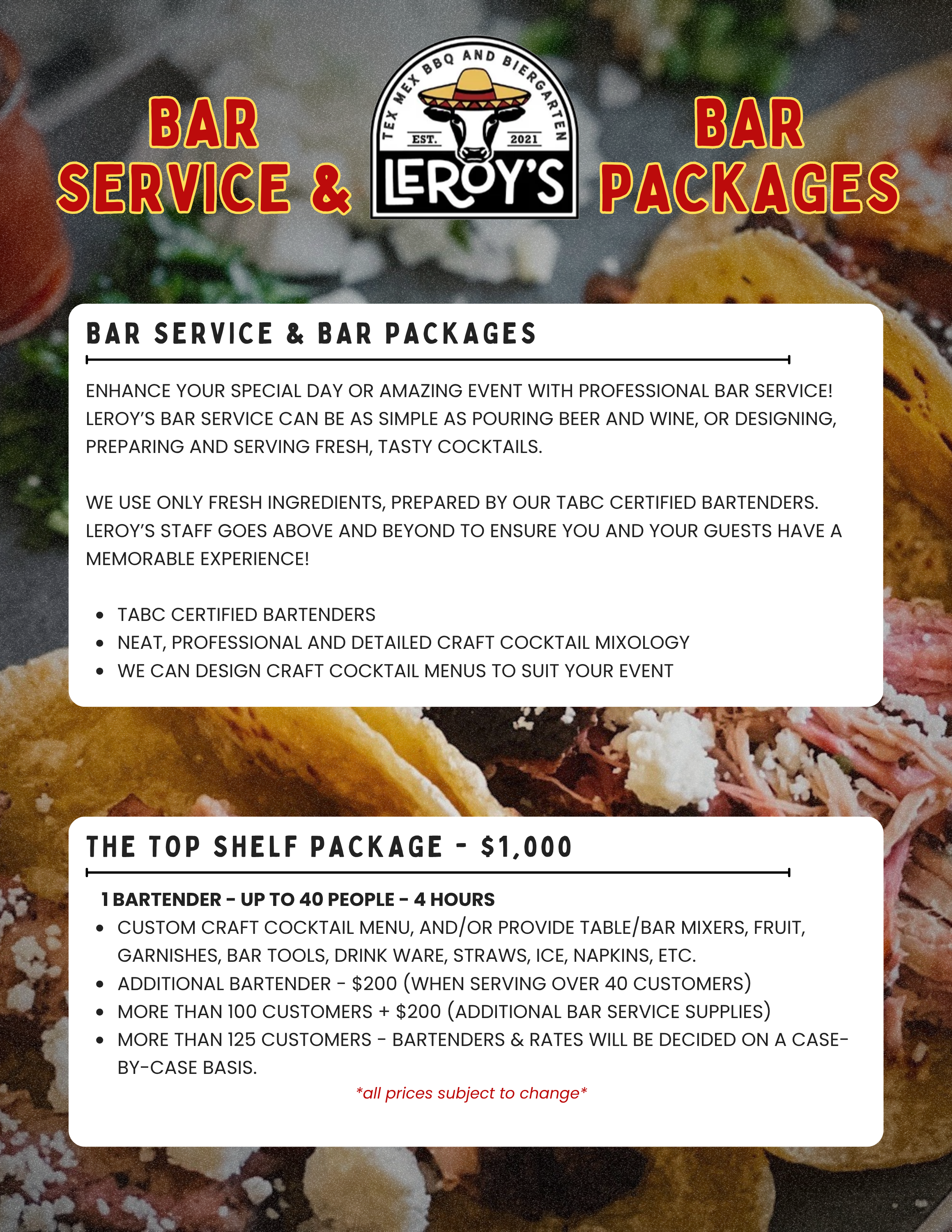 a menu for a bar