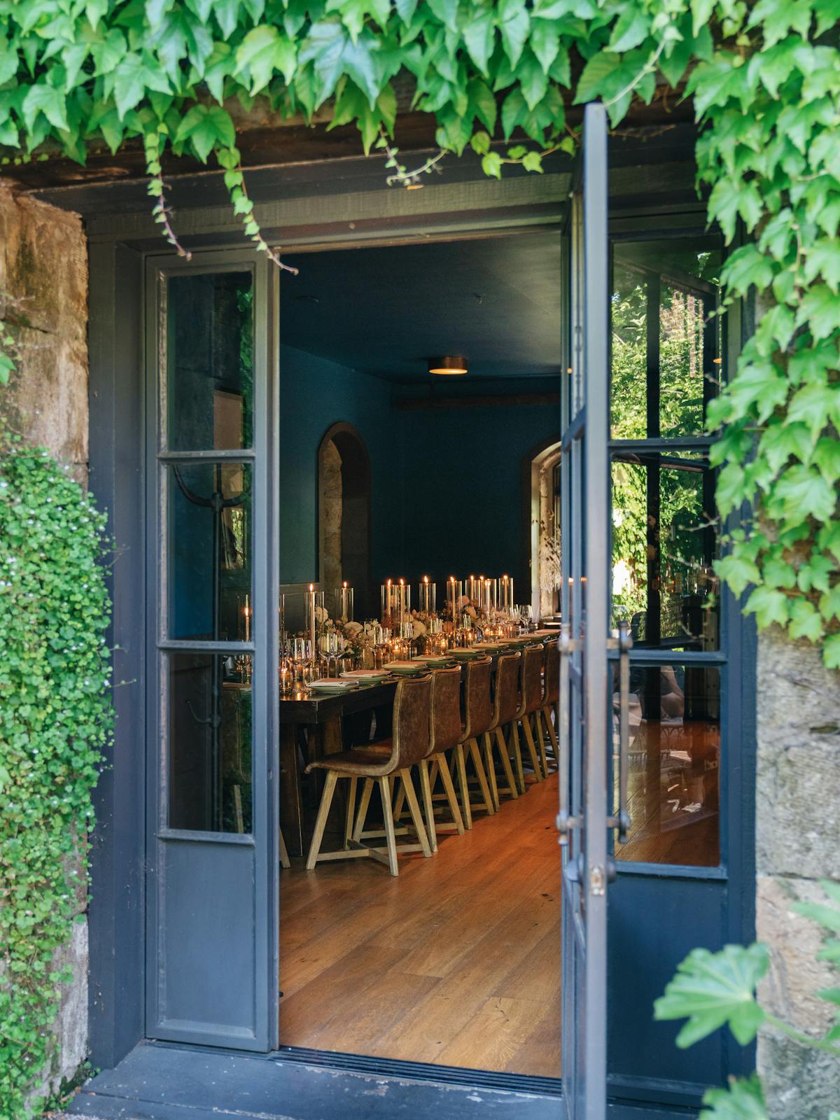 the charter oak sherry building front door with ivy lining the walls