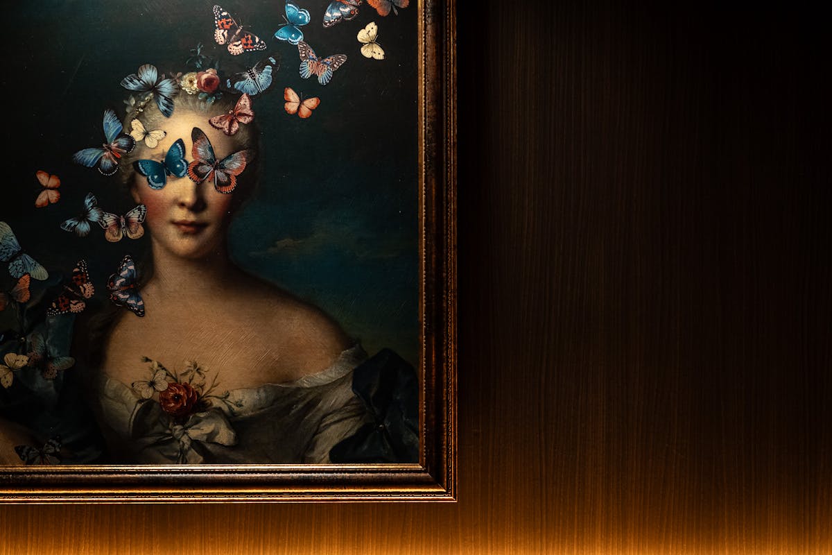 a painting of a vase in front of a mirror posing for the camera