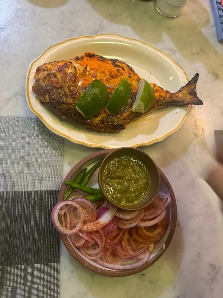 Tandoori Fish with Salad and Green Chutney at Javitri Indian Fine Dining, NYC