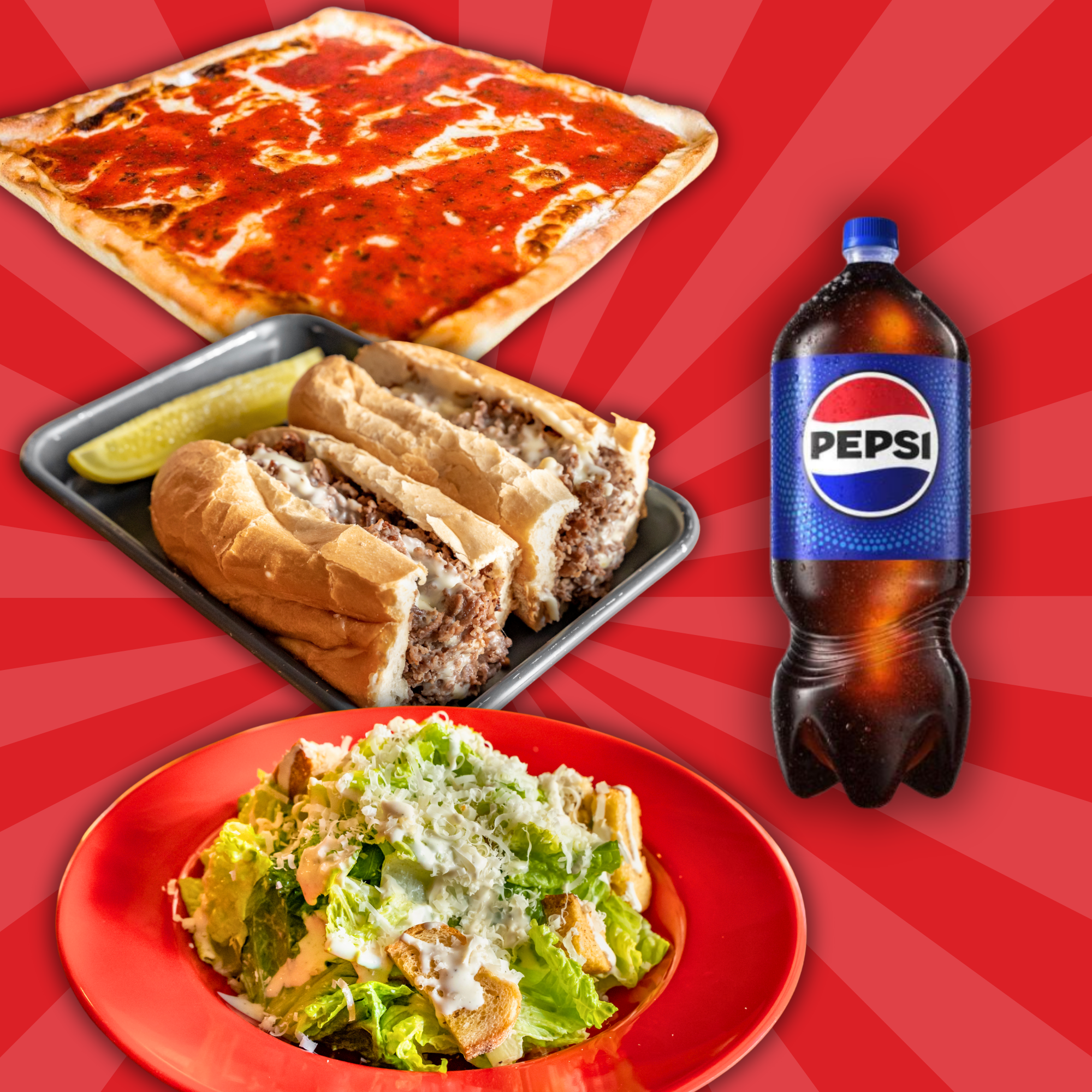 pizza, hoagie, salad, and pepsi bottle