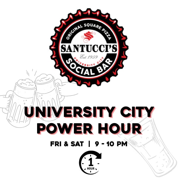 university city power hour, friday and saturday 9pm to 10pm; $2 off all beer, wine and signature cocktails; $3 green tea shots