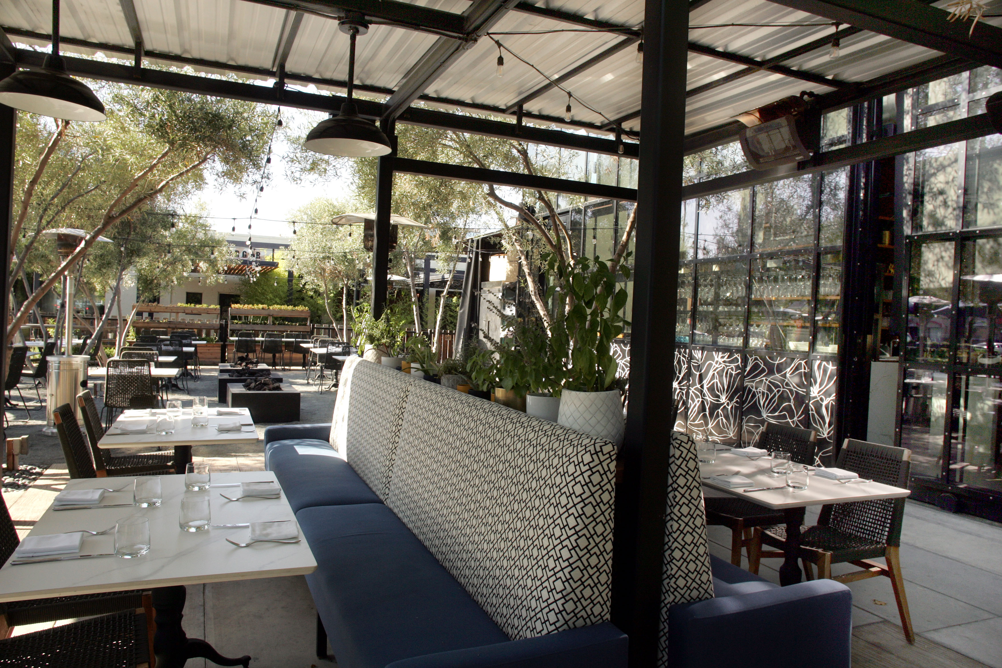 a dining room table in front of a building