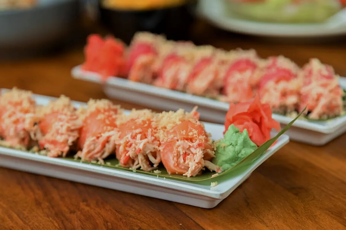 a close up of food on a wooden table