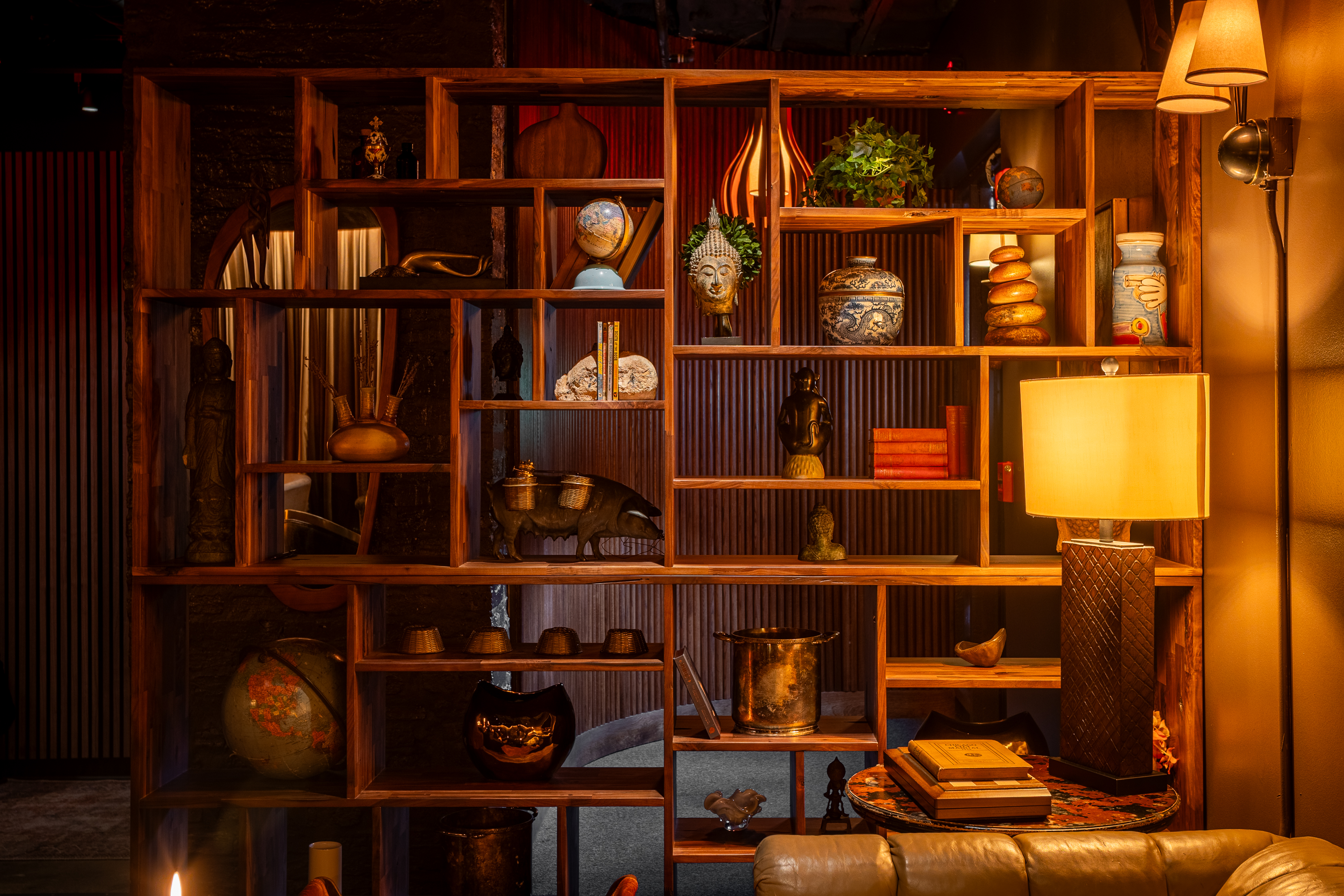 a shelf with various objects on it