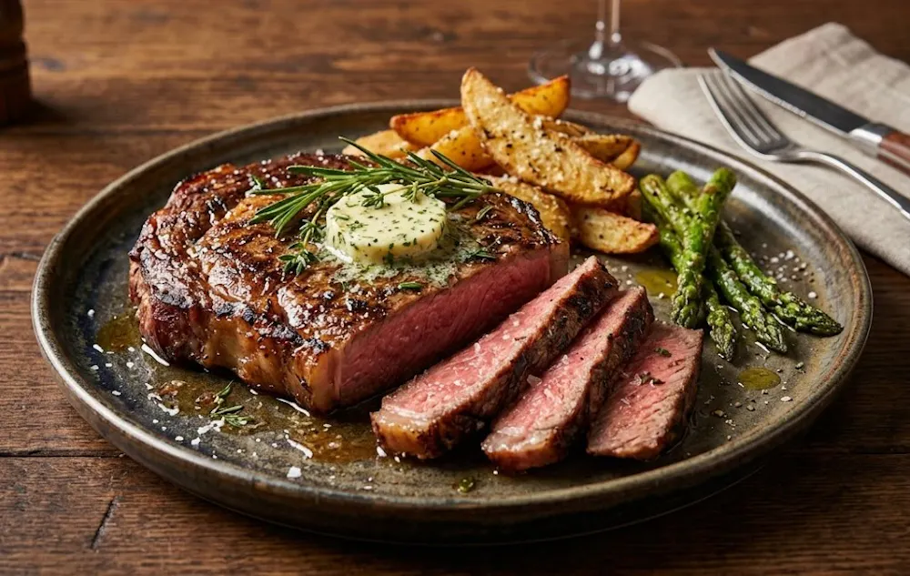 a plate of steak and potatoes
