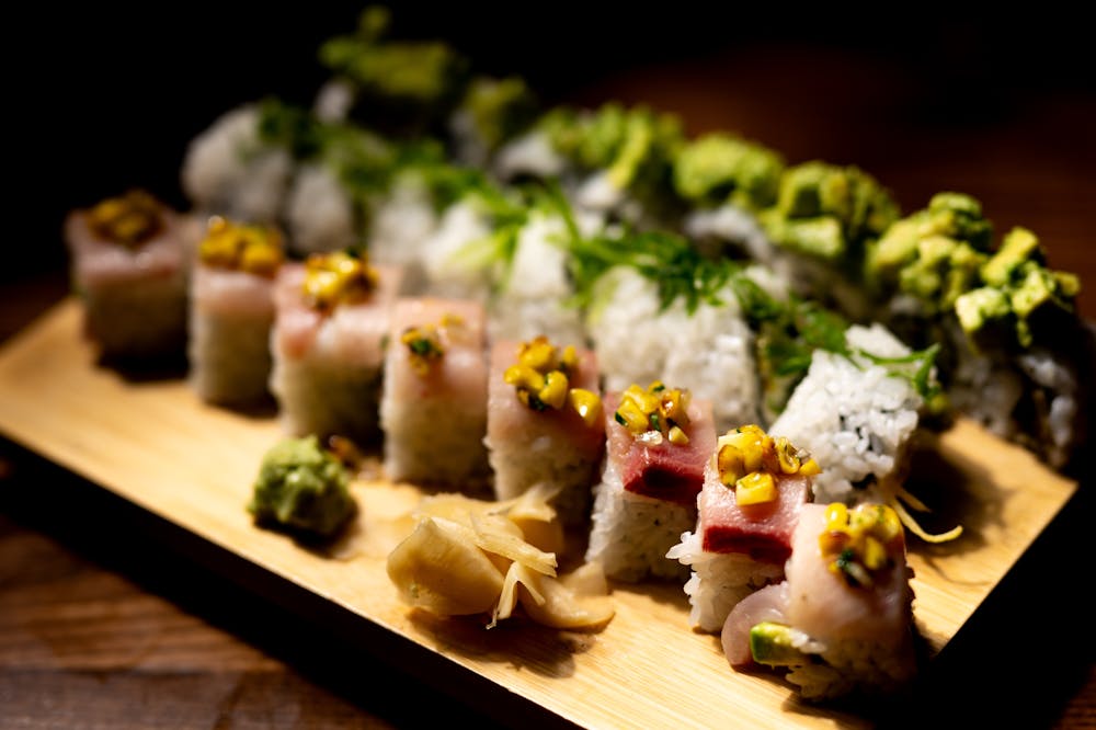 sushi on a wooden table