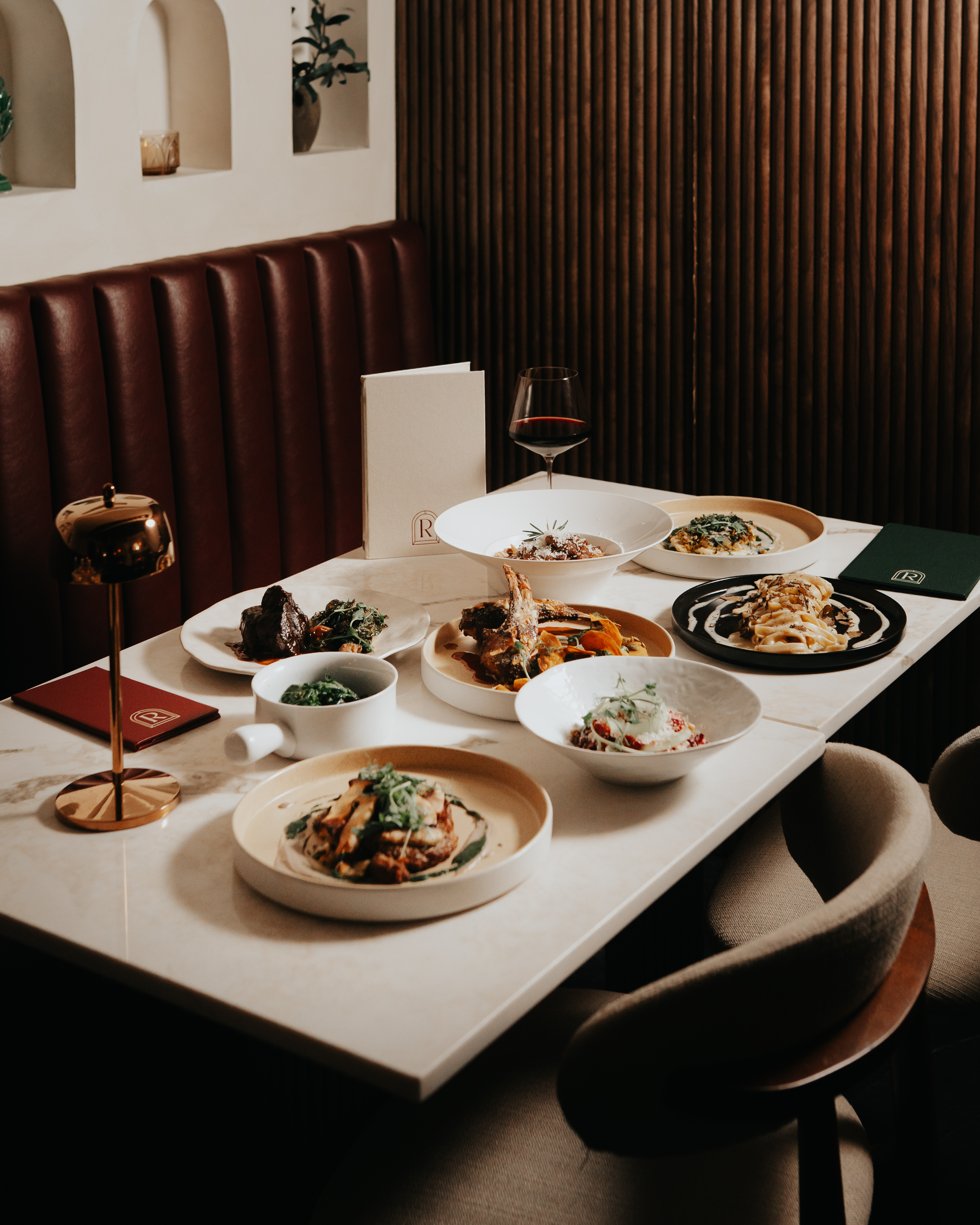 a table with plates of food on it