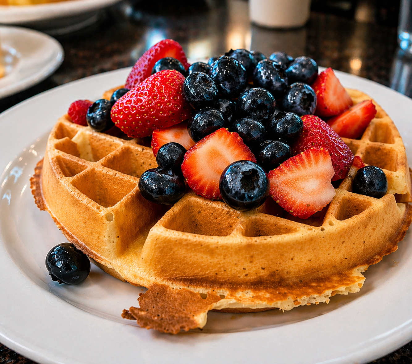 a waffle with strawberries and blueberries on a white plate