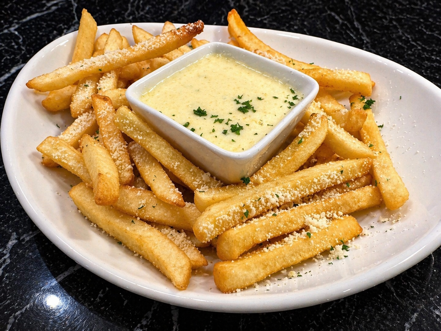 a plate of french fries with a small square white bowl of sauce