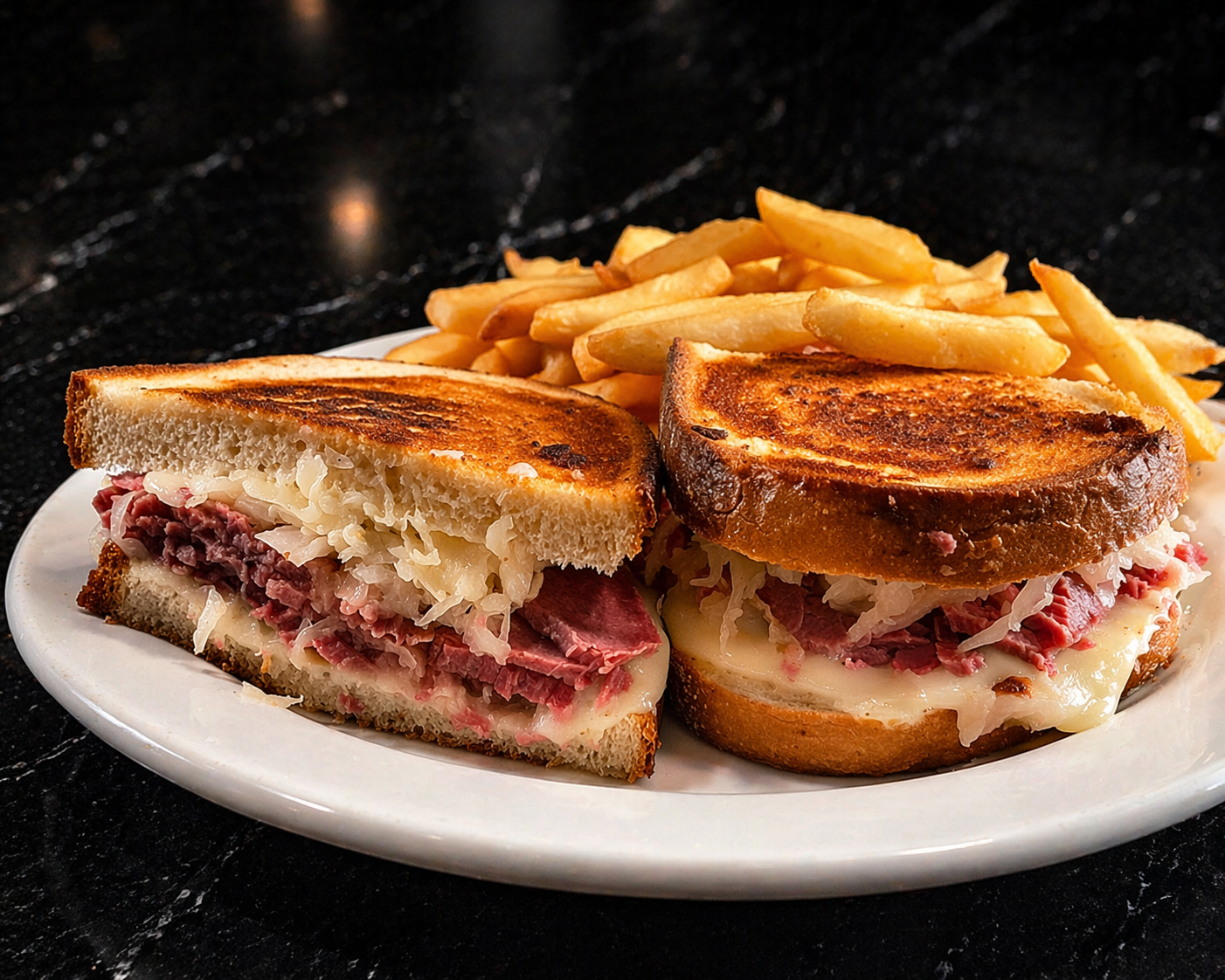 a plate of grilled sandwich and fries