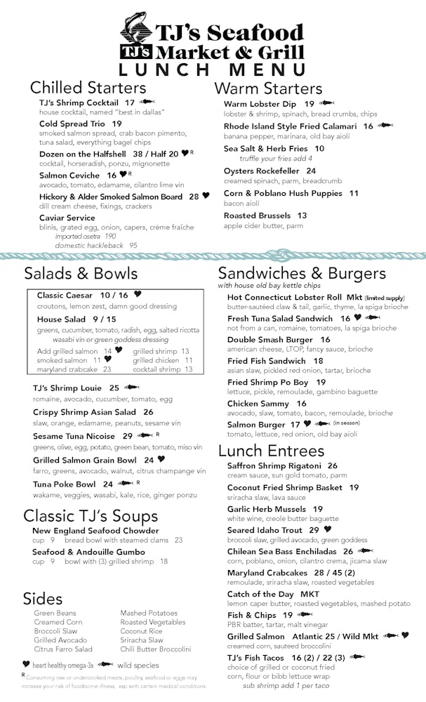 Preston Royal Menus TJ's Seafood Market Dallas, TX