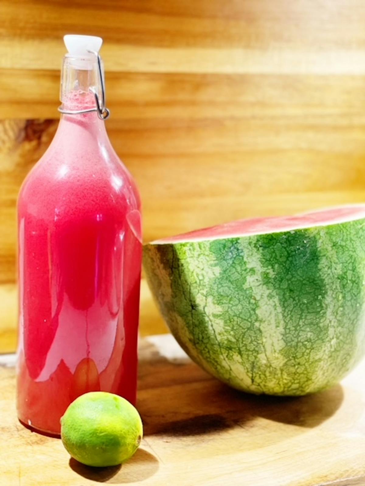 a close up of a bottle on a wooden table