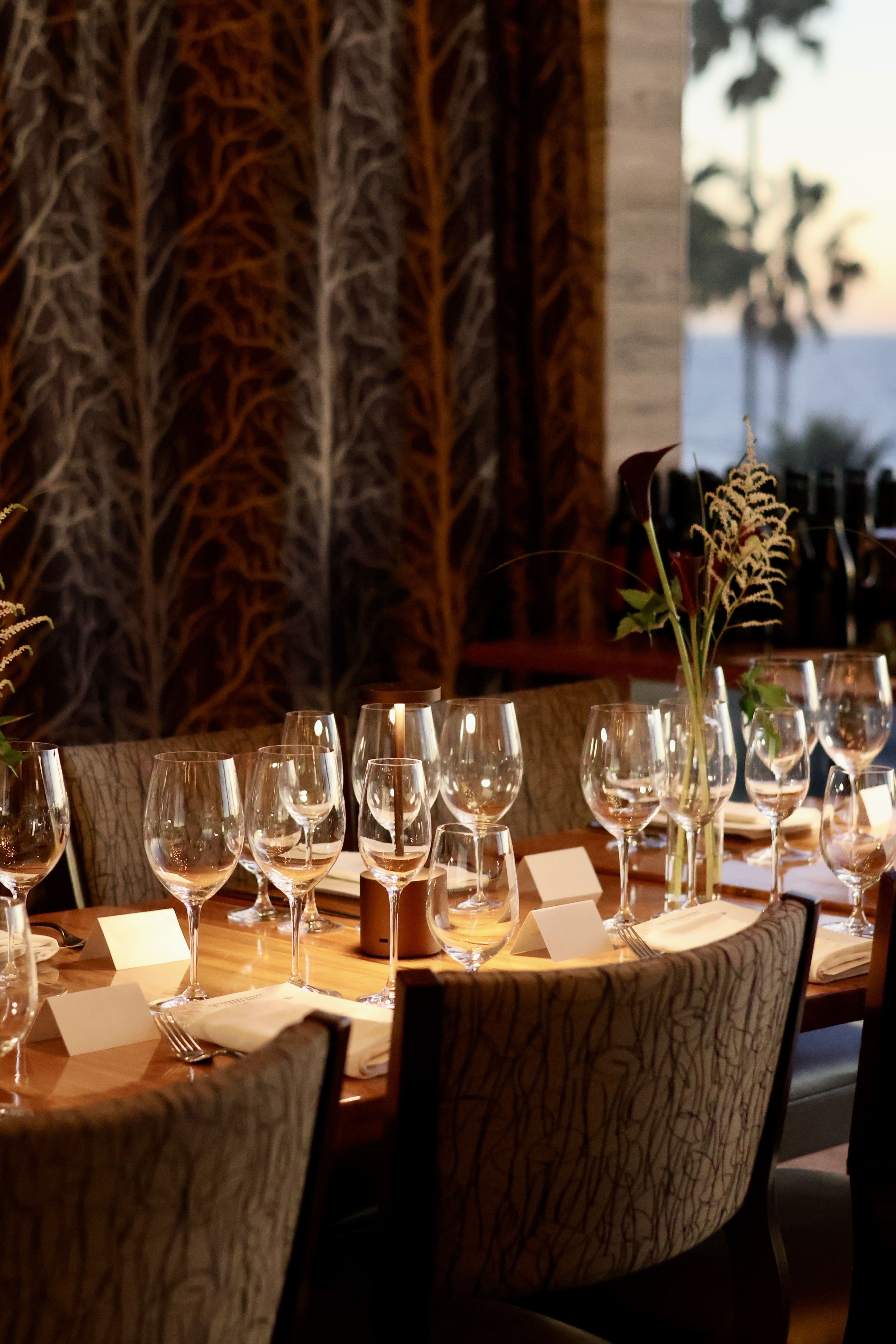 a person sitting at a table with wine glasses
