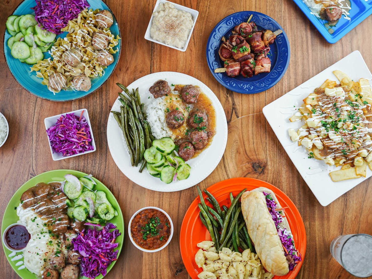 many different types of food on a table