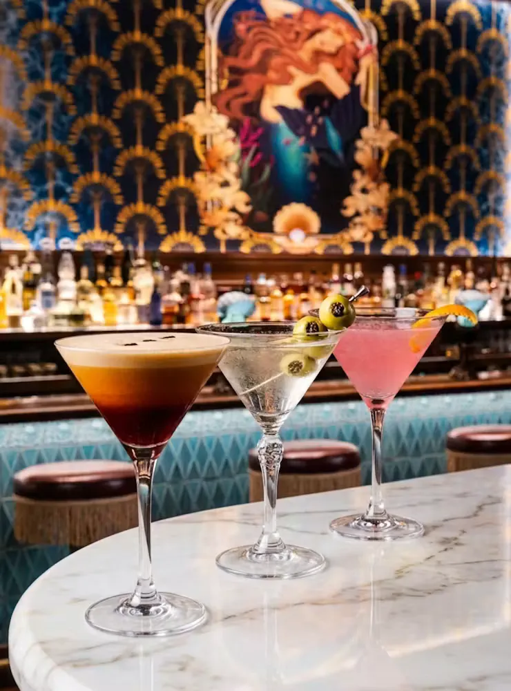 3 martinis on table at Caspians speakeasy
