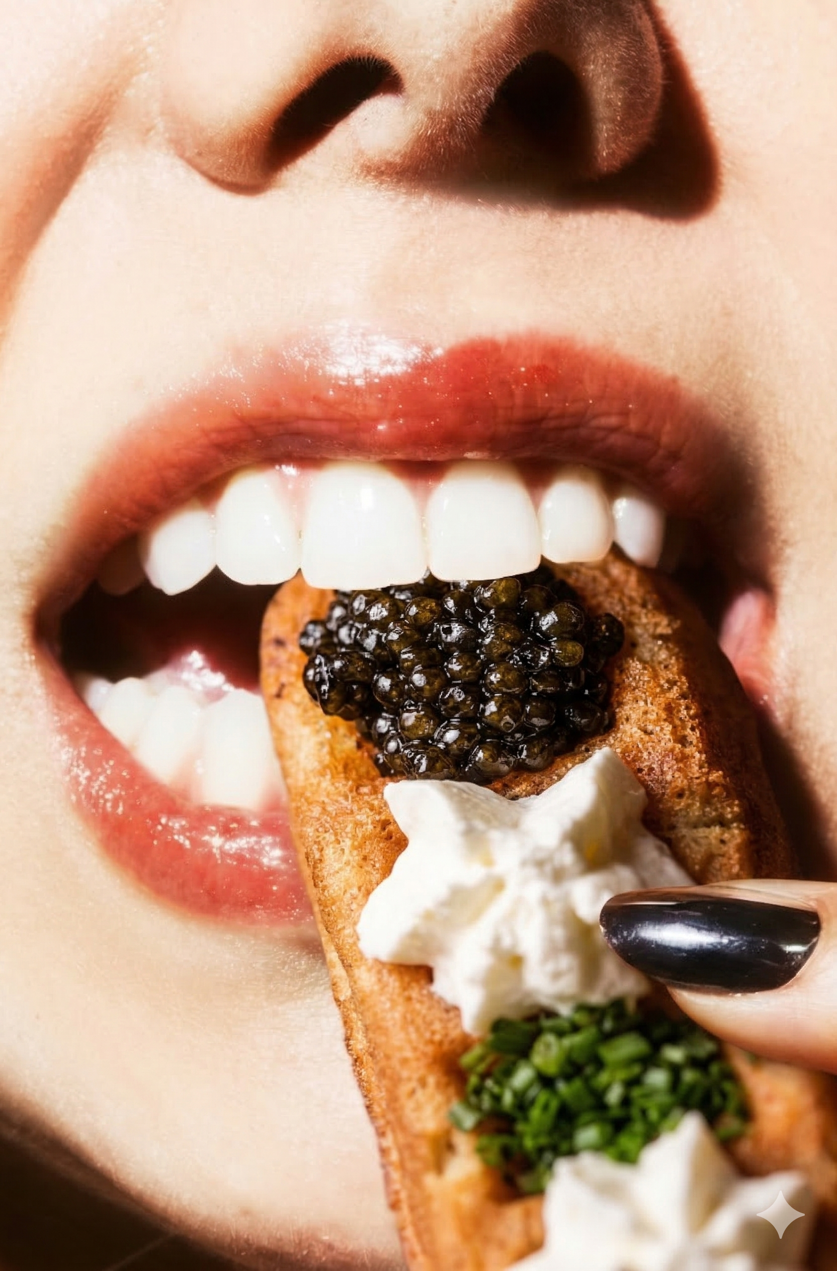 girl biting caviar waffle at caviar bar, Caspians Rock & Roe