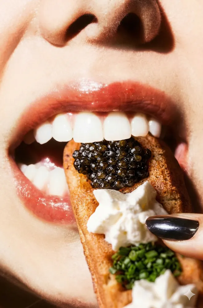 girl biting caviar waffle at caviar bar, Caspians Rock & Roe