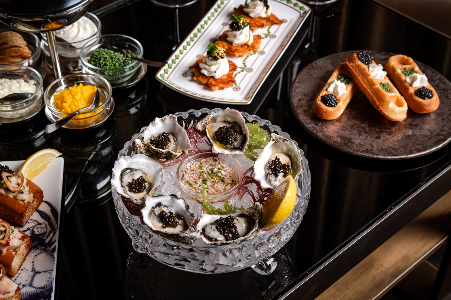 various food items topped with caviar available at Caspians Las Vegas Live Music Venue