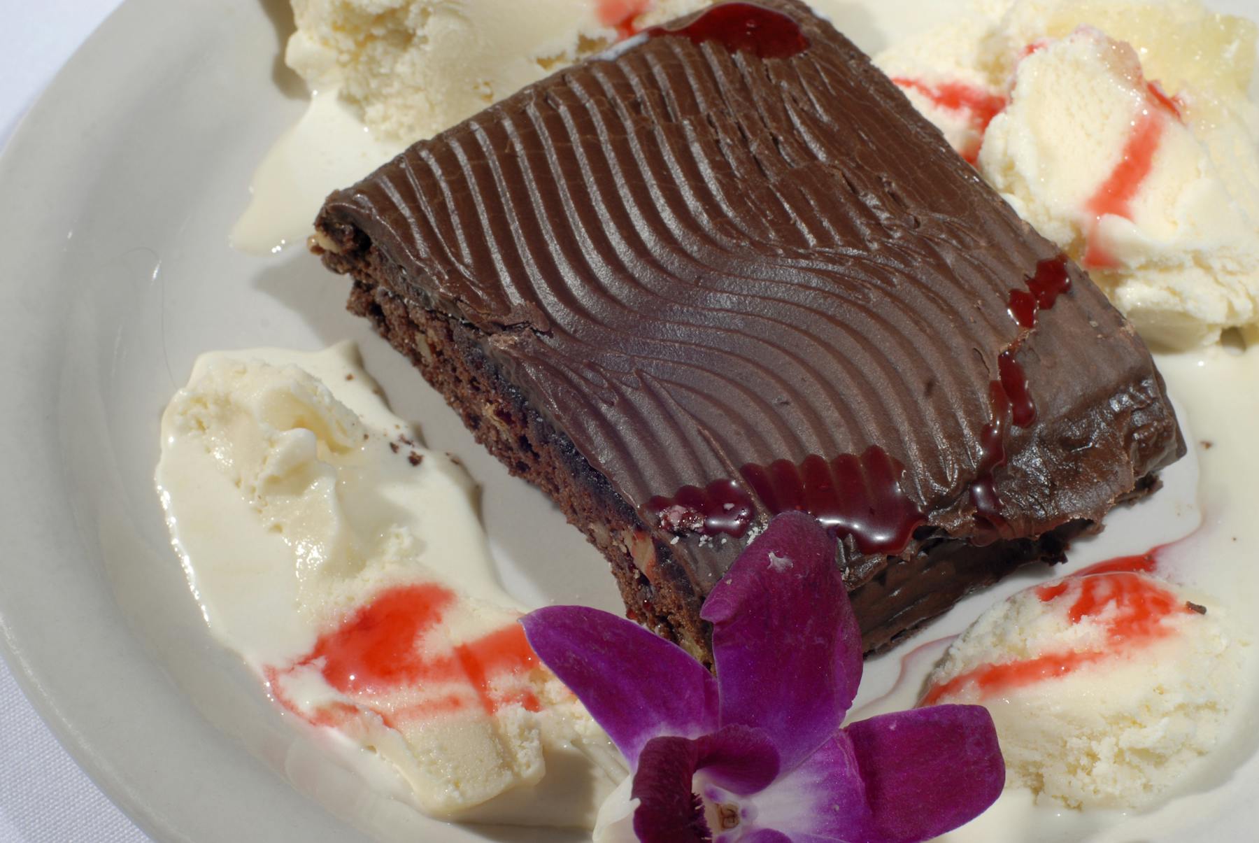 a piece of cake and ice cream on a plate