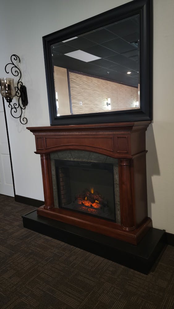 a room with a fireplace