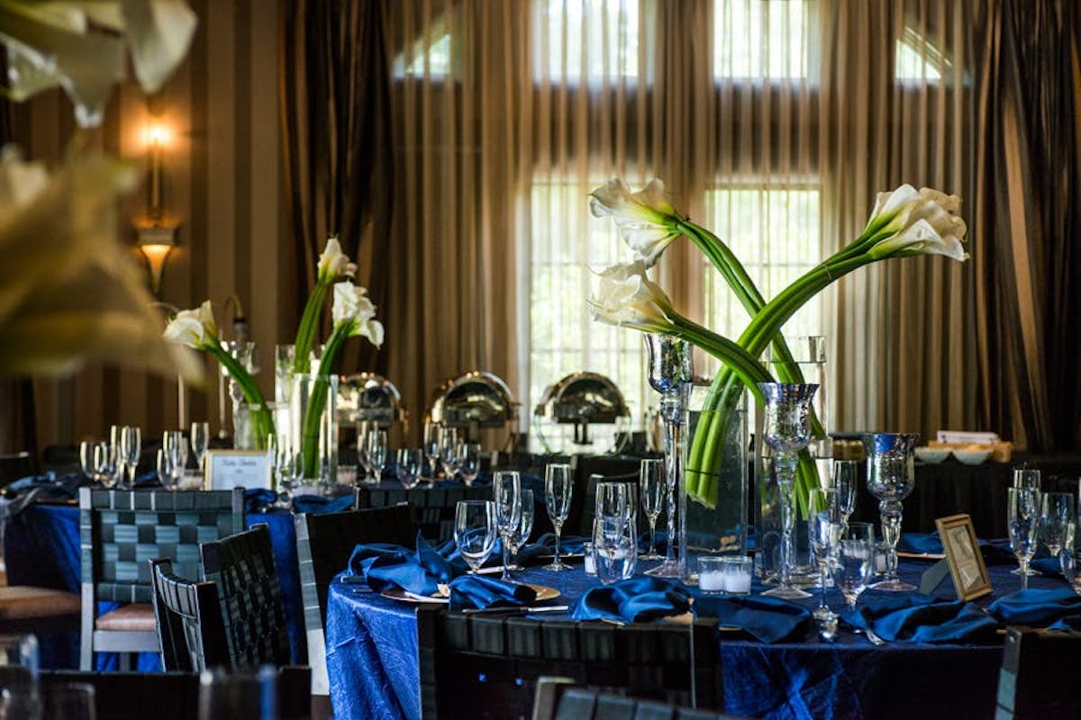 a dining table with wine glasses