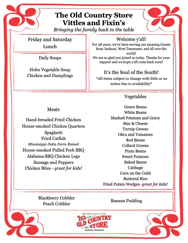 Daily Buffet Menus | Old Country Store | American Restaurant in Jackson, TN