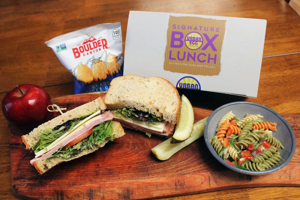 Box Lunch with Sandwich, Apple, Chips, Pickle and Pasta Salad