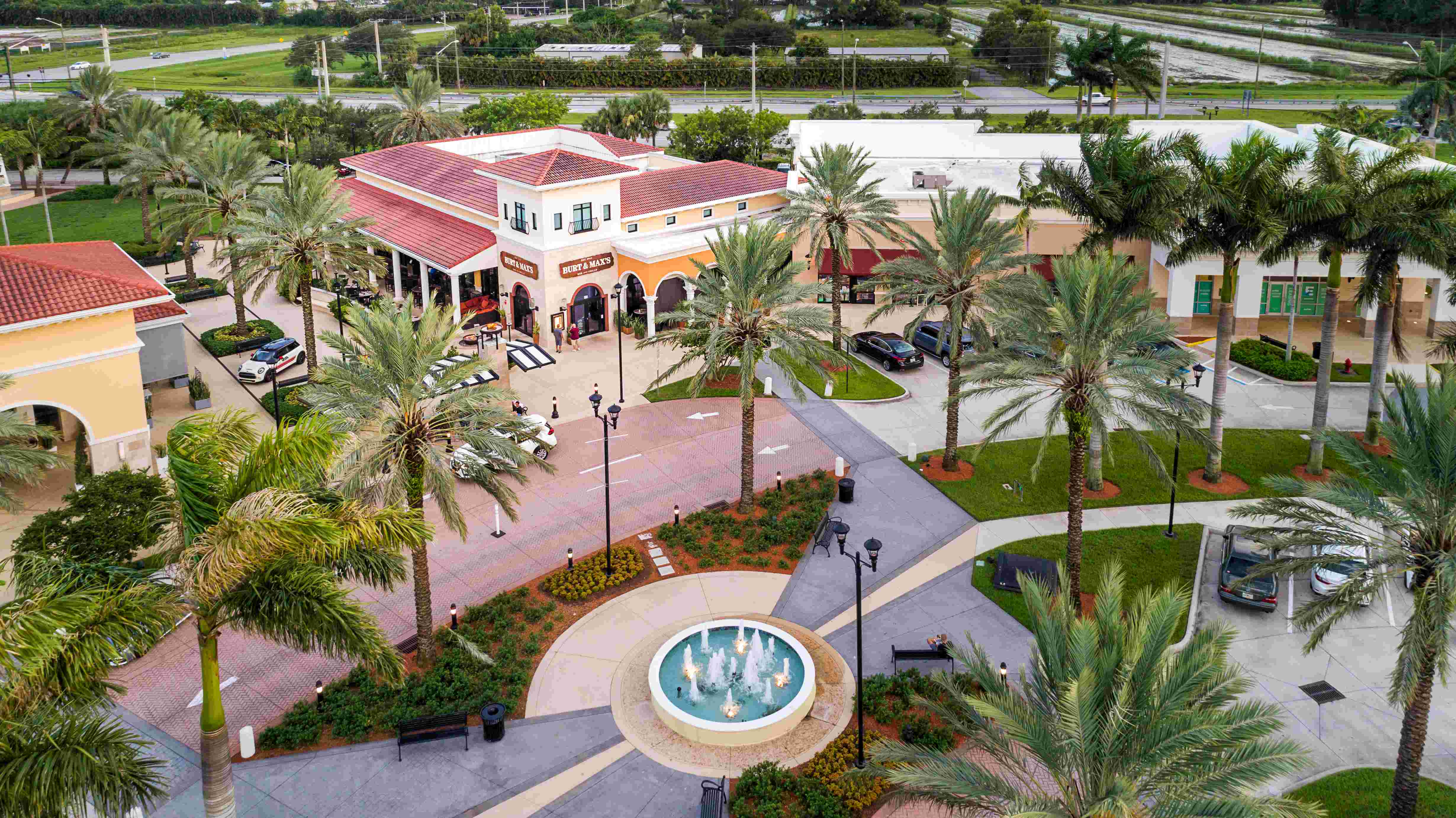 overhead view of Delray Marketplace where Burt & Max's is located