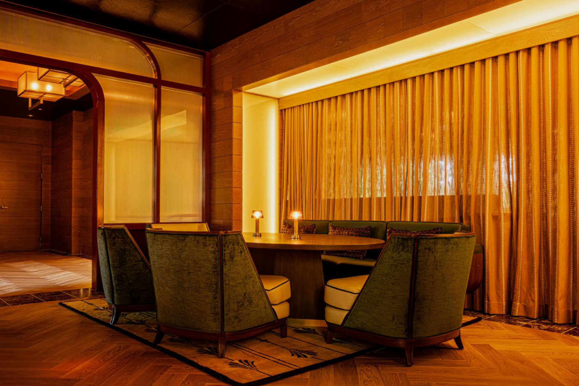 a room with a table and chairs