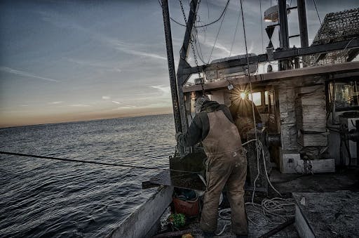 a lobsterman standing next to a body of water