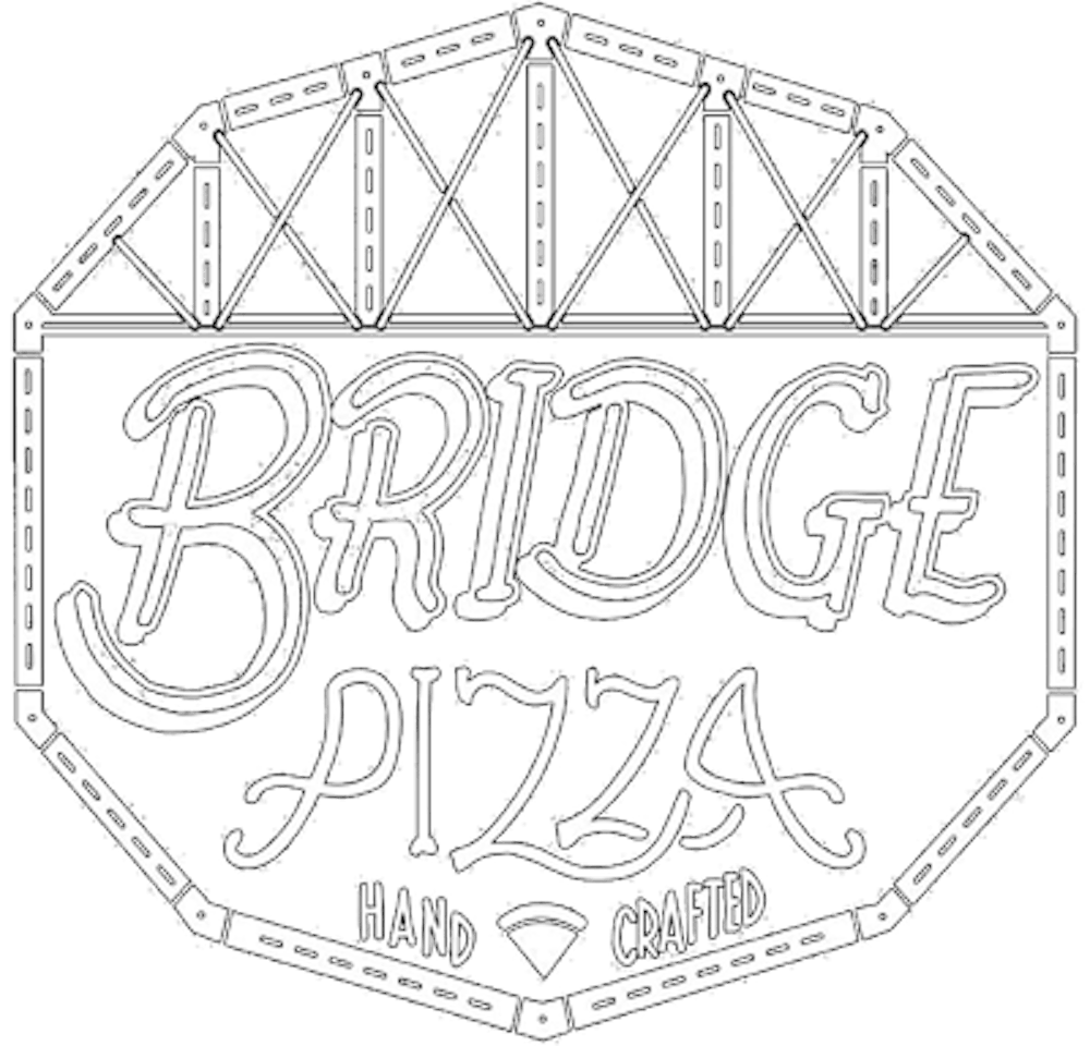 bridges's pizza logo, bridge drawing on top of the letters