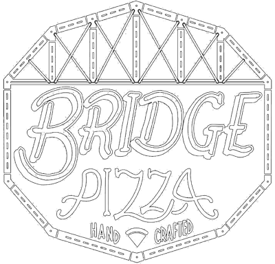 bridges's pizza logo, bridge drawing on top of the letters