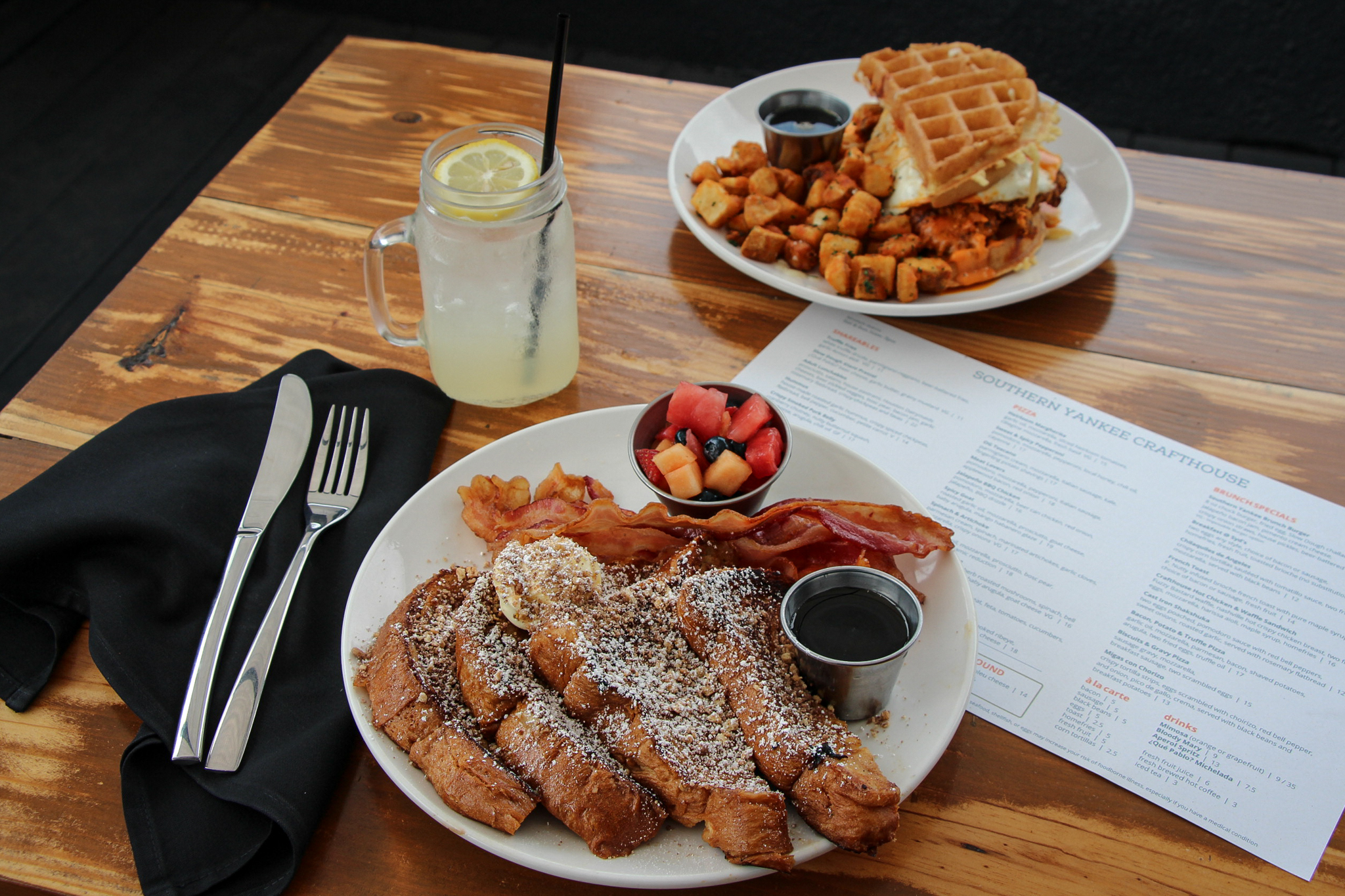 table at brunch with French Toast plate and lemonade