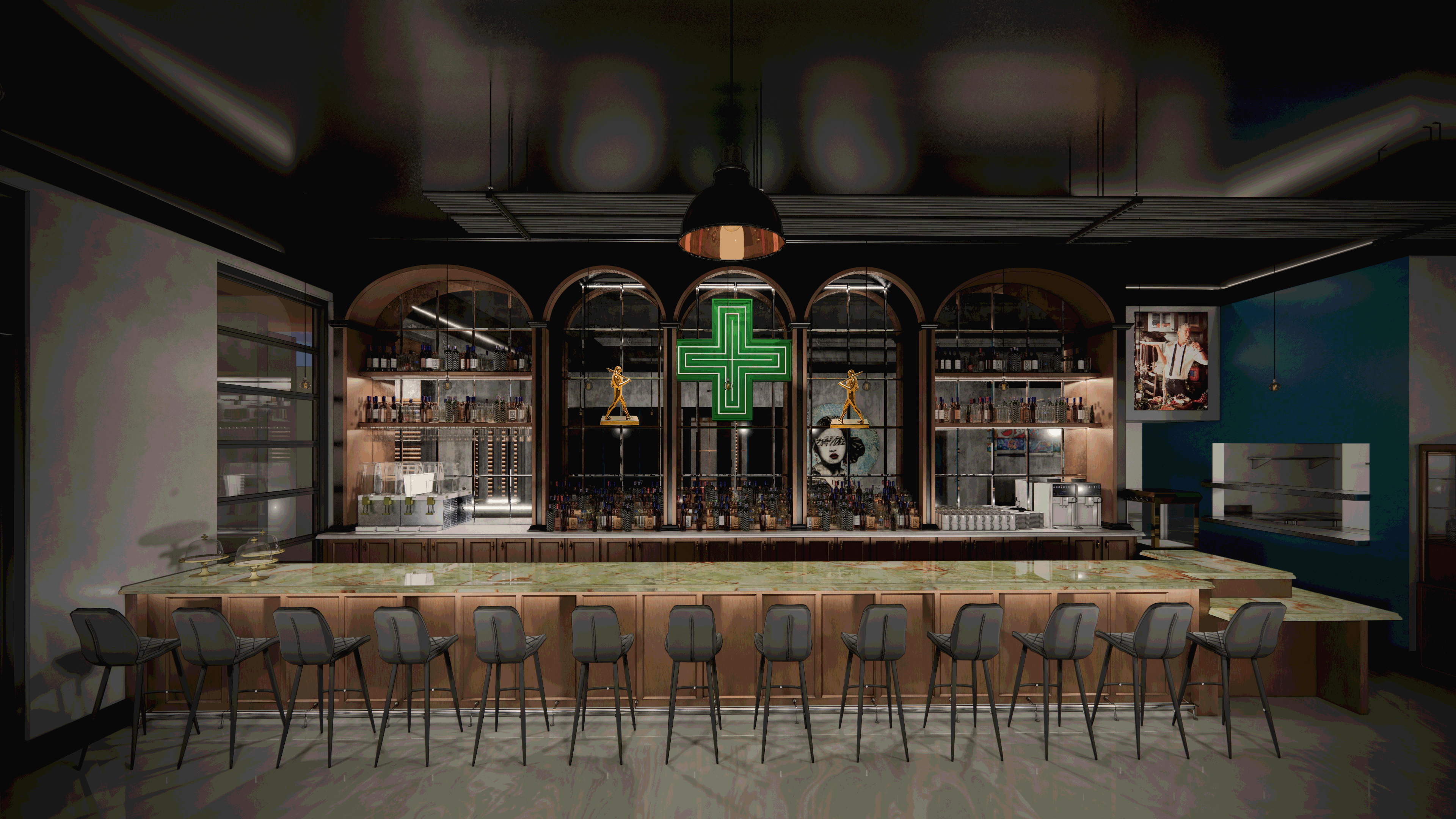 bar with blinking green cross