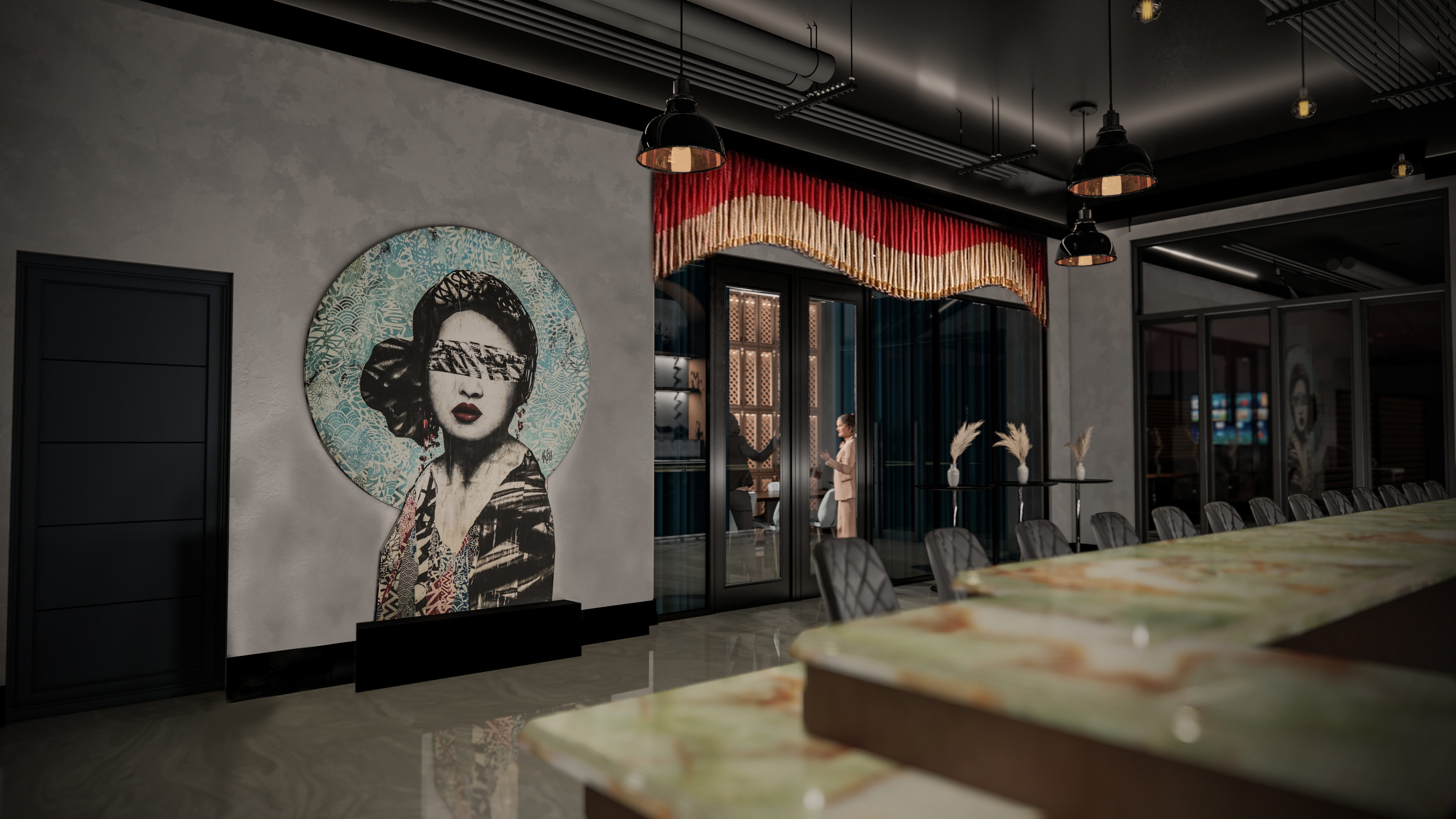 a person sitting at a table in front of a building