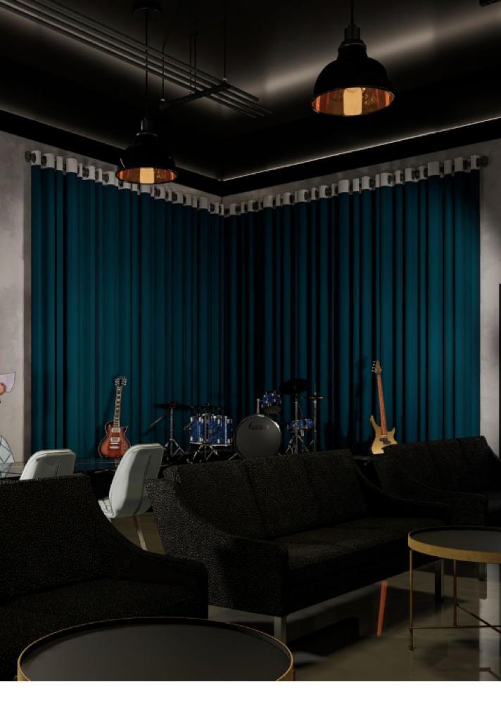 a living room filled with furniture and a lamp